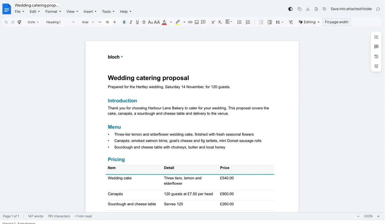 A wedding catering proposal open in Blochworks, with an introduction, the menu and a pricing table.